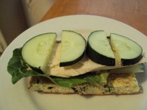 Sandwich! ->Toasted spinach protein "bread" + organic mustard + romaine lettuce + grilled chicken breast + cucumber