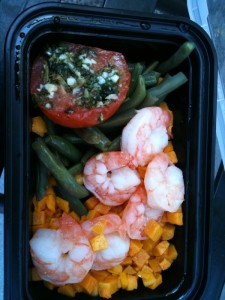 Shrimp + green beans + squash + tomato w/some type of pesto topping?